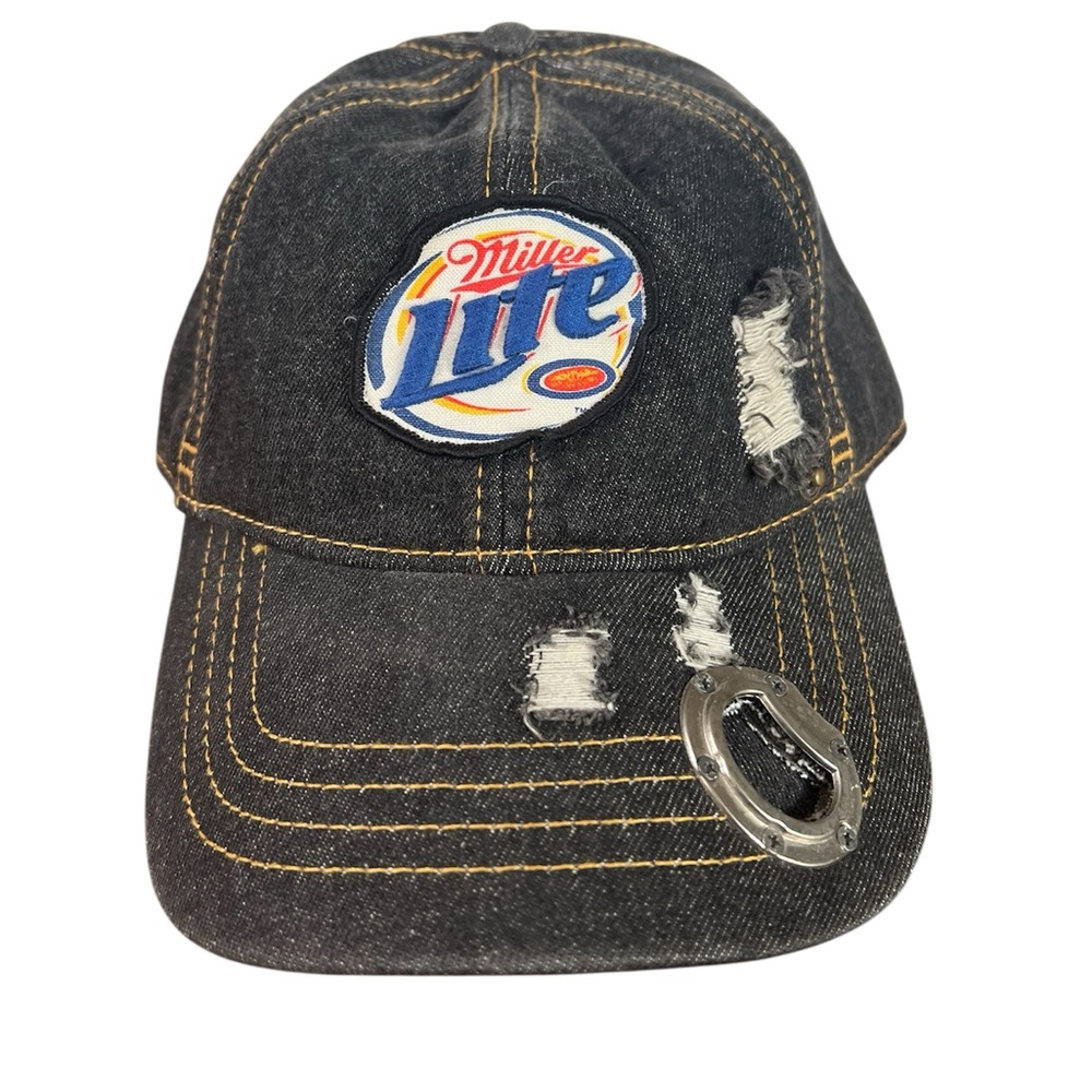 Miller Lite Snapback Hat Black One Size Adjustable Distressed Bottle Opener